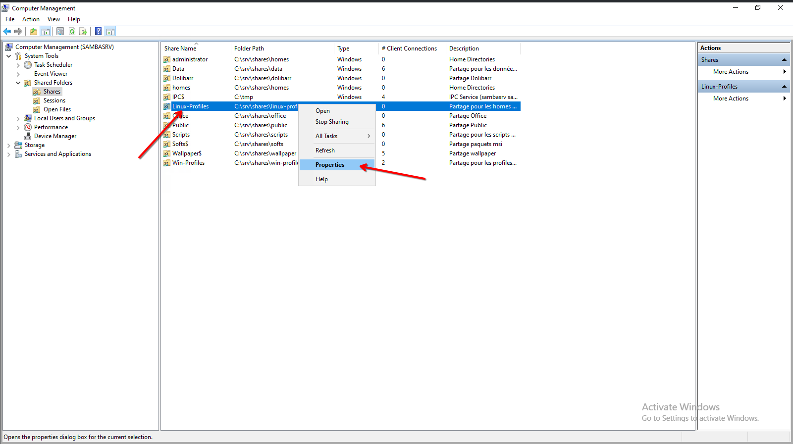 Selection du partage Linux-Profiles