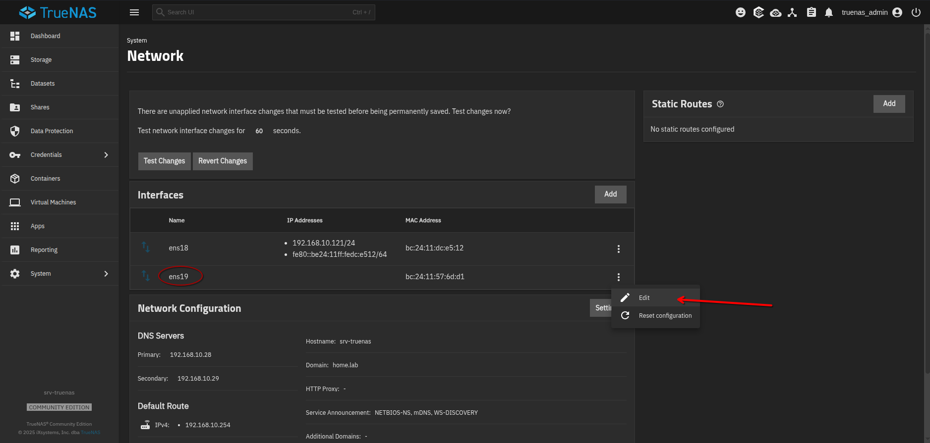 Configuration réseau truenas 1
